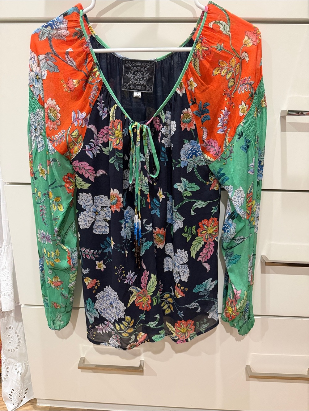 Johnny Was Navy Floral Tie-Front Peasant Blouse with Green & Orange Panels